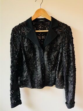 Vintage Escada Elegant Silk Black Sheer Mesh & Embroidered Evening Shirt Jacket